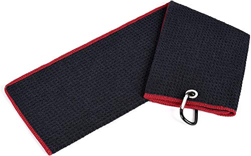 BMKJ toalla de golf triple | tela de microfibra premium | patrón de gofres | clip de mosquetón resistente para colgar en bolsa de club de golf para hombres y mujeres, ajuste deportivo (negro/rojo)
