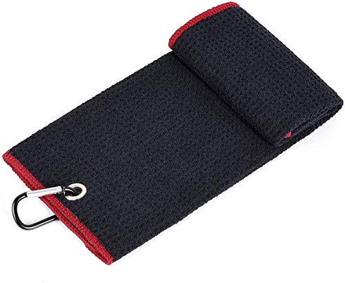 BMKJ toalla de golf triple | tela de microfibra premium | patrón de gofres | clip de mosquetón resistente para colgar en bolsa de club de golf para hombres y mujeres, ajuste deportivo (negro/rojo)