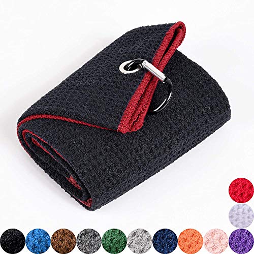 BMKJ toalla de golf triple | tela de microfibra premium | patrón de gofres | clip de mosquetón resistente para colgar en bolsa de club de golf para hombres y mujeres, ajuste deportivo (negro/rojo) BMKJ toalla de golf triple | tela de microfibra premium | patrón de gofres | clip de mosquetón resistente para colgar en bolsa de club de golf para hombres y mujeres, ajuste deportivo (negro/rojo)