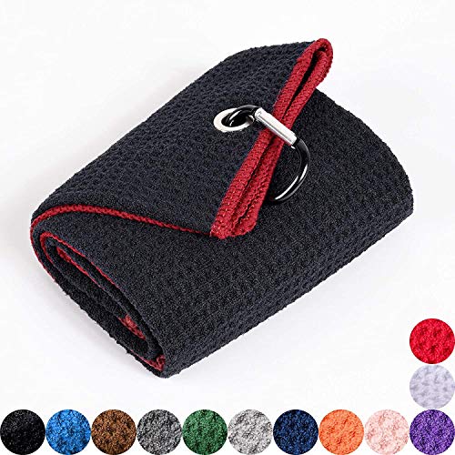 BMKJ toalla de golf triple | tela de microfibra premium | patrón de gofres | clip de mosquetón resistente para colgar en bolsa de club de golf para hombres y mujeres, ajuste deportivo (negro/rojo)