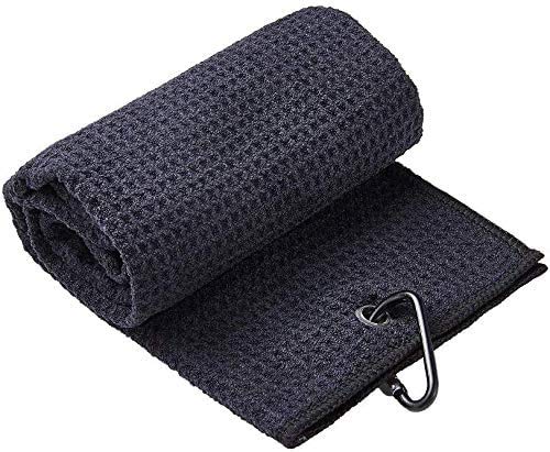 BMKJ toalla de golf triple | tela de microfibra premium | patrón de gofres | clip de mosquetón resistente para colgar en bolsa de club de golf para hombres y mujeres Fit Sports Gym (negro)