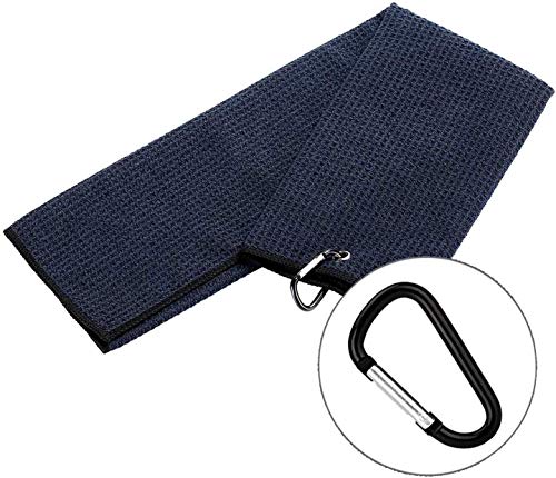 BMKJ toalla de golf triple | tela de microfibra premium | patrón de gofres | clip de mosquetón resistente para colgar en bolsa de club de golf para hombres y mujeres Fit Sports Gym (negro)
