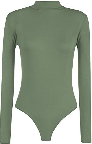 Bodi elástico para Mujer - Cuello de Cisne y Manga Larga - Colores Lisos - Caqui - M/L - UK 12-14/EU 40-42