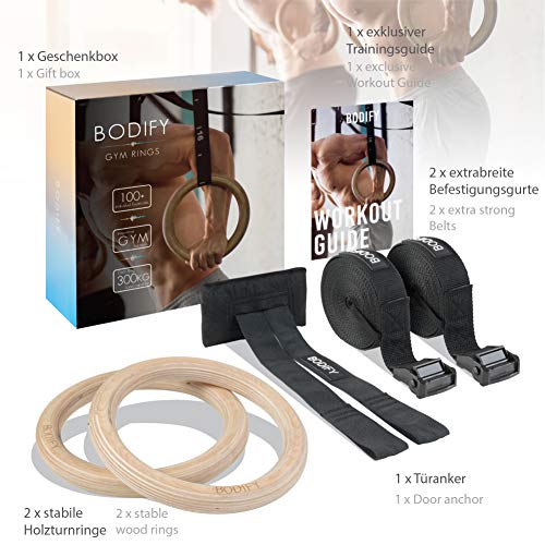 BODIFY® Anillos de gimnasia - anillos de gimnasia de madera - anillos de gimnasia para crossfit y gimnasia - ejercicios para casa y al aire libre