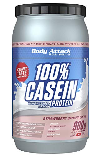 Body Attack 100% proteína de caseína, rico en aminoácidos esenciales, desarrollo de músculos, bajo en carbohidratos para, los atletas y las personas conscientes de su físico, fresa y plátano, 900g