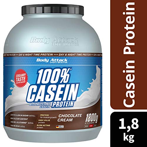 Body Attack 100% proteína de caseína, rico en aminoácidos esenciales, desarrollo de músculos, bajo en carbohidratos para, los atletas y las personas conscientes de su físico, crema de chocolate, 1,8kg