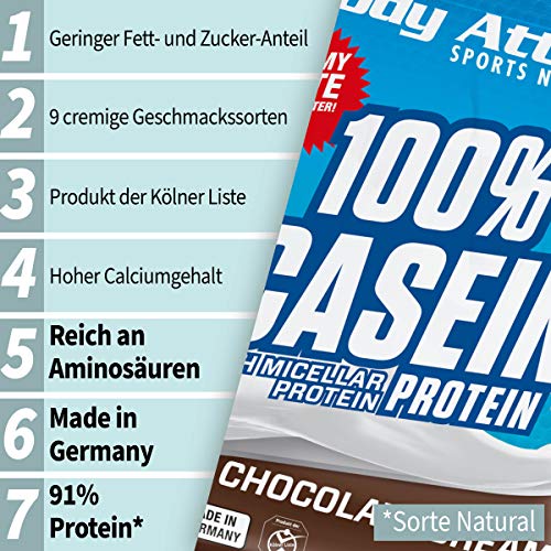 Body Attack 100% proteína de caseína, rico en aminoácidos esenciales, desarrollo de músculos, bajo en carbohidratos para, los atletas y las personas conscientes de su físico, crema de chocolate, 1,8kg