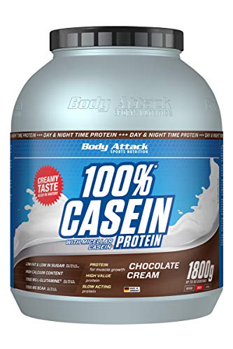 Body Attack 100% proteína de caseína, rico en aminoácidos esenciales, desarrollo de músculos, bajo en carbohidratos para, los atletas y las personas conscientes de su físico, crema de chocolate, 1,8kg