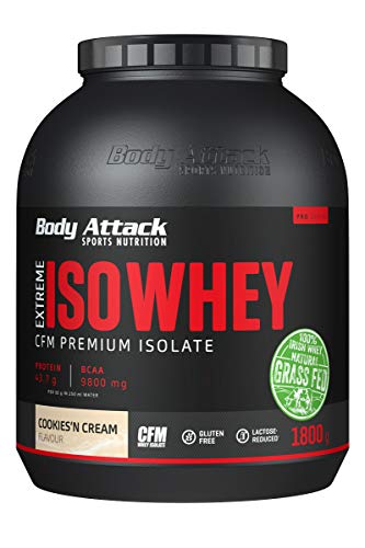 Body Attack Extreme Iso Whey, CFM Aislado de proteína de suero de leche de sauce irlandés 100%, sin gluten, rico en AEA, bajo en grasas, 90,6% de contenido de aislado (cookies n cream, 1,8 kg) Body Attack Extreme Iso Whey, CFM Aislado de proteína de suero de leche de sauce irlandés 100%, sin gluten, rico en AEA, bajo en grasas, 90,6% de contenido de aislado (cookies n cream, 1,8 kg)