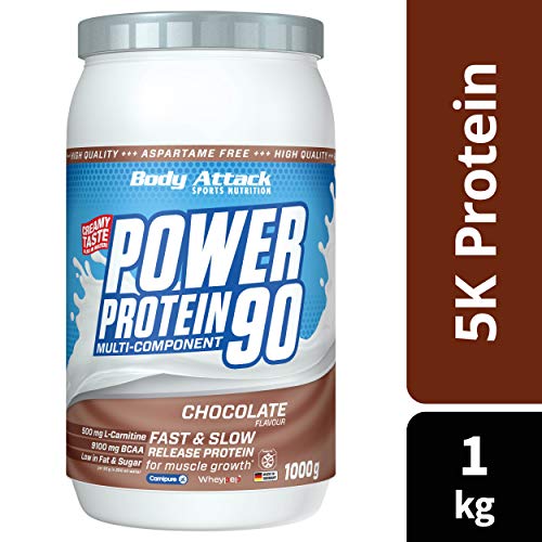 Body Attack Power Protein 90, Crema de chocolate, 1 kg, 5 K de proteína en polvo con proteína de suero, L-carnitina y BCAA para el desarollo de los músculos y el fitness