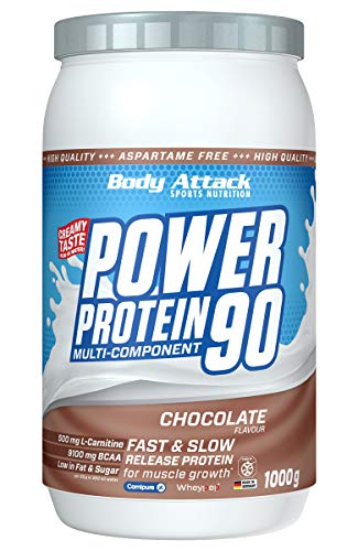 Body Attack Power Protein 90, Crema de chocolate, 1 kg, 5 K de proteína en polvo con proteína de suero, L-carnitina y BCAA para el desarollo de los músculos y el fitness