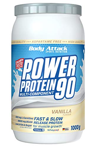 Body Attack Power Protein 90, Vainilla, 1 kg, 5 K de proteína en polvo con proteína de suero, L-carnitina y BCAA para el desarollo de los músculos y el fitness
