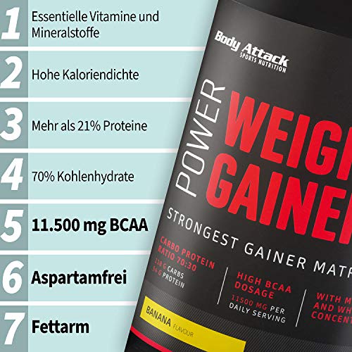 Body Attack Power Weight Gainer 100% de masa de carbohidratos en polvo para desarrollar músculos con proteína de suero de suero de leche (1,5 kg)