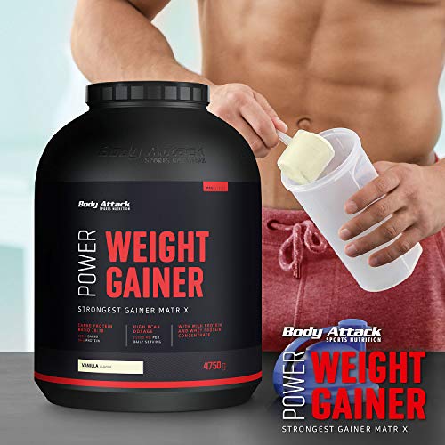 Body Attack Power Weight Gainer 100% de masa de carbohidratos en polvo para desarrollar músculos con proteína de suero de suero de leche (4,75 kg)