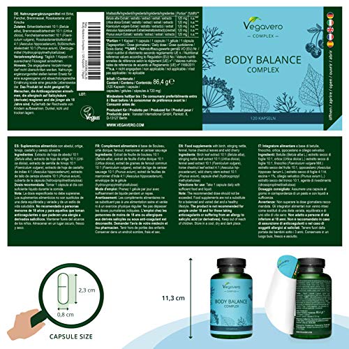 Body Balance Vegavero® | Diurético Natural | 100% Vegetal & Sin Aditivos | 120 Cápsulas | Hinojo + Cereza + Abedul + Aesculus Hippocastanum + Urtica Dioica