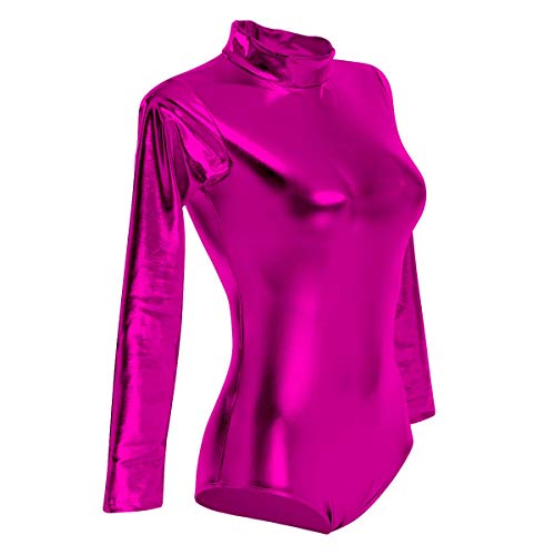 Body de Manga Larga Mujer, Cuello Alto Body Cuero Spandex Metálico Leotardo Baile Ballet Mono Gimnasia Traje Rosa Caliente S