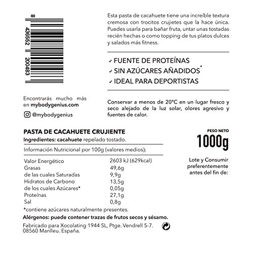 BODY GENIUS Crunchy Peanut Butter. 1000g. Crema de Cacahuete Crujiente. Natural, Sin Azúcar y Sin Aceite de Palma. 100% Cacahuete Sin Añadidos. Hecho en España.