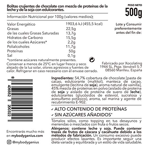 BODY GENIUS Dúo Protein Crunch (Chocolate Negro). 2x500g. Cereales Proteicos. Bolitas de Proteína Recubiertas de Chocolate Sin Azúcar. Bajo en Hidratos. Snack Fitness. Hecho en España.