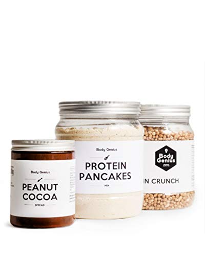 BODY GENIUS Pack Desayuno Proteico (Clásico). Crema de Cacahuete y Cacao Tortitas Proteicas Protein Crunch. Alto en Proteína, Bajo en Hidratos, Sin Azúcar. Hecho en España.