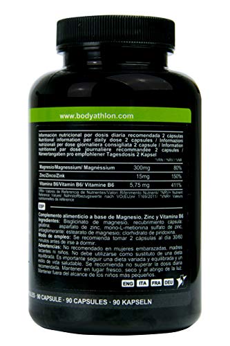 Bodyathlon- ZMA- Potenciador con Zinc Magnesio y Vitamina B6– Suplemento para Rendimiento- Recuperador Muscular- Aumento de Energía e Impulso- Evita el catabolismo- Testosterone Booster - 90 cápsulas
