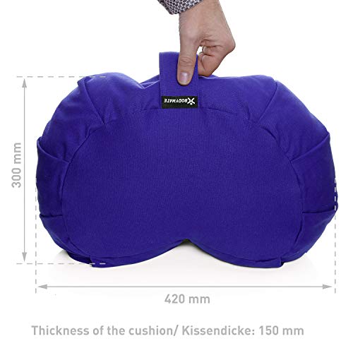 BODYMATE Cojín de Yoga Media Luna 42 cm Largo 30 cm Ancho 15 cm Alto | Relleno de cáscaras de Trigo sarraceno | Funda extragruesa y Lavable en Lavadora de algodón 100% | Cojín de meditación