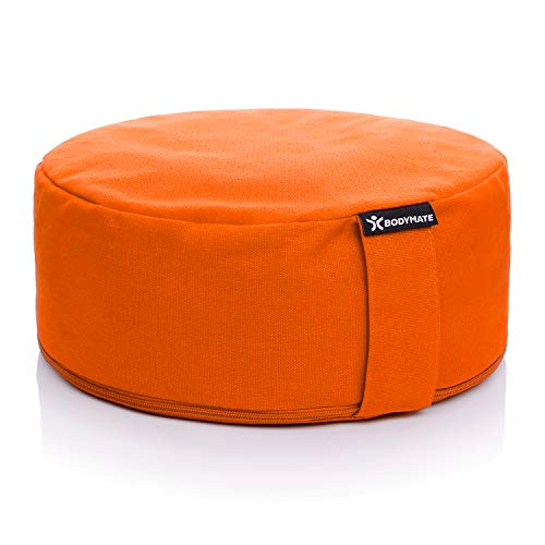 BODYMATE Cojín de Yoga Redondo | 31 cm diámetro 13 cm Alto | Relleno de cáscaras de Trigo sarraceno | Funda extragruesa y Lavable en Lavadora de algodón 100% | Cojín de meditación | Cojín de Asiento