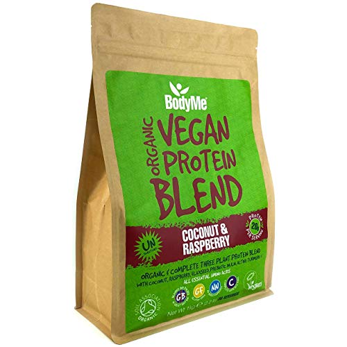 BodyMe Mezcla de Proteina Vegana Organica en Polvo | Crudo Coco Frambuesa | 1kg | Sin Edulcorante | Baja Carb | Sin Gluten | 3 Proteinas Veganas | 20g Proteina Vegetal Completa Aminoacidos Esenciales