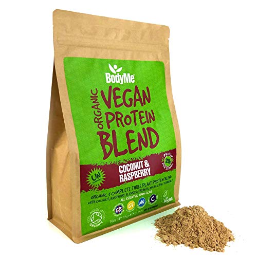 BodyMe Mezcla de Proteina Vegana Organica en Polvo | Crudo Coco Frambuesa | 1kg | Sin Edulcorante | Baja Carb | Sin Gluten | 3 Proteinas Veganas | 20g Proteina Vegetal Completa Aminoacidos Esenciales