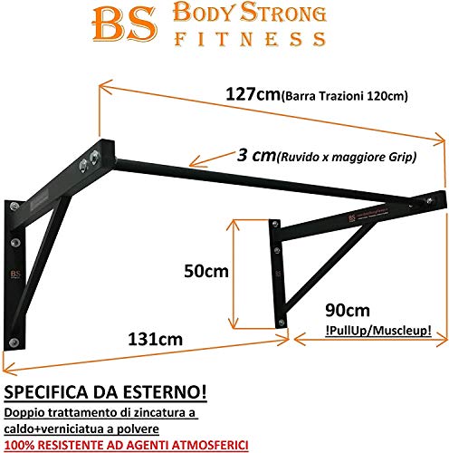 BodyStrongFitness Barra para dominadas de exterior Pullup & Muscleup bíceps - 120 x 90 cm - Made in Italy