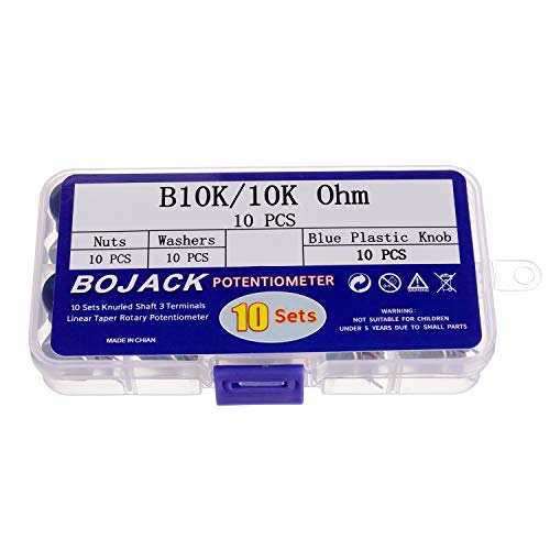 BOJACK 10 juegos B10K 3 terminales Potenciómetros rotativo cónico lineal (WH148) 10K Ohm Resistencia variables de película de carbono con kit de perillas de plástico azul