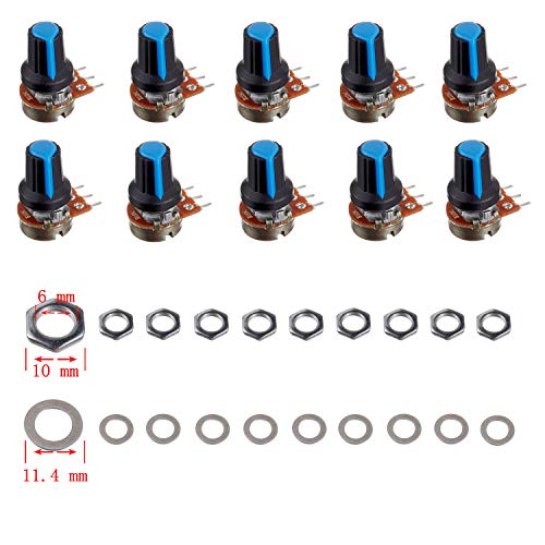 BOJACK 10 juegos B10K 3 terminales Potenciómetros rotativo cónico lineal (WH148) 10K Ohm Resistencia variables de película de carbono con kit de perillas de plástico azul