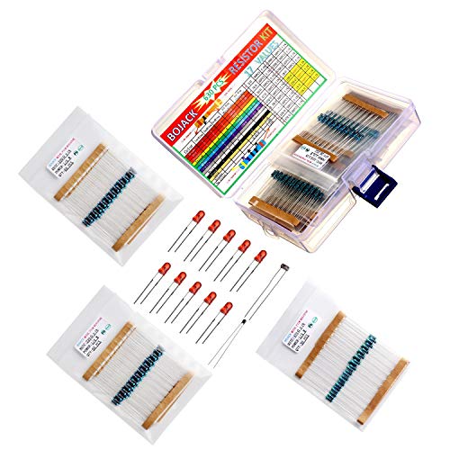 BOJACK 630 Pieza 17 Valores Kit de resistencia 0 Ohm-1M Ohm con 1% 1 / 4W Surtido de resistores de película de metal y producto gratis 1 Pieza Termistor y 1 Pieza Fotoresistor y 10 Pieza LED