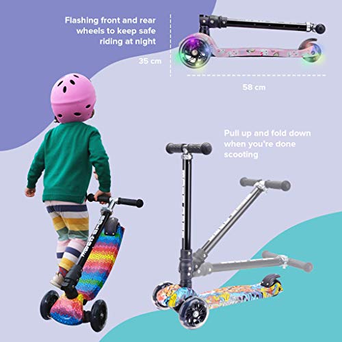 BOLDCUBE Patinete de Tres 3 Ruedas - para niños de 5+ años - Plegable - Altura Manillar y Asas Ajustables - Tres Ruedas Iluminadas LED - Incline el Volante hacia el Lado Que Desea Cruzar (Grafiti)