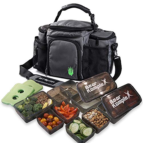 Bolsa de almuerzo aislada para preparación de comidas: grande con 6 compartimentos, con 3 recipientes para comida preparada para llevar, paquete de hielo y correa resistente