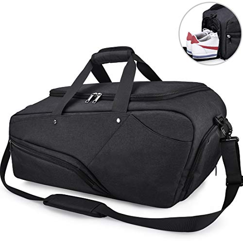 Bolsa de Deporte Hombre Bolsas Gimnasio Mujer de Grande Viaje Impermeable con Compartimento para Zapatos Bolsos Deportivos Bolsa Fin de Semana Travel Duffle Bag para Hombres 45l Negra