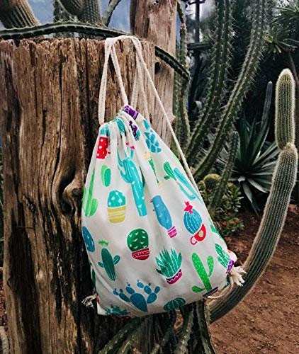Bolsa de gimnasia para mujeres y niñas en algodón (blanco) - impresa por ambos lados con motivos de cactus - para uso diario, viajes y deportes - adecuada como bolsa de gimnasia, mochila, bolsa de dep