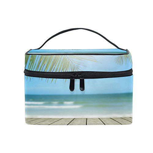 Bolsa de maquillaje de viaje Playa Madera Palma Hojas Estuche cosmético portátil Organizador Bolsa de aseo Bolsa de maquillaje Estuche de tren para mujeres Niñas