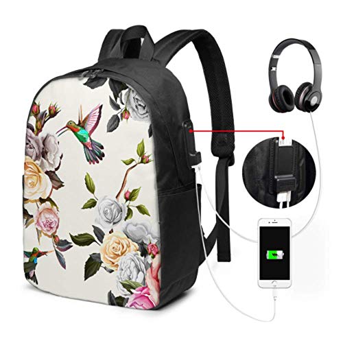 Bolsa de Moda para Hombre con diseño de zumbido de Rosas y Hojas de peonía, con Puerto de Carga USB y Puerto para Auriculares para la Universidad, Trabajo o Viajes Bolsa de Moda para Hombre con diseño de zumbido de Rosas y Hojas de peonía, con Puerto de Carga USB y Puerto para Auriculares para la Universidad, Trabajo o Viajes