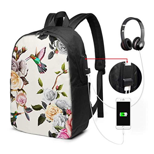 Bolsa de Moda para Hombre con diseño de zumbido de Rosas y Hojas de peonía, con Puerto de Carga USB y Puerto para Auriculares para la Universidad, Trabajo o Viajes