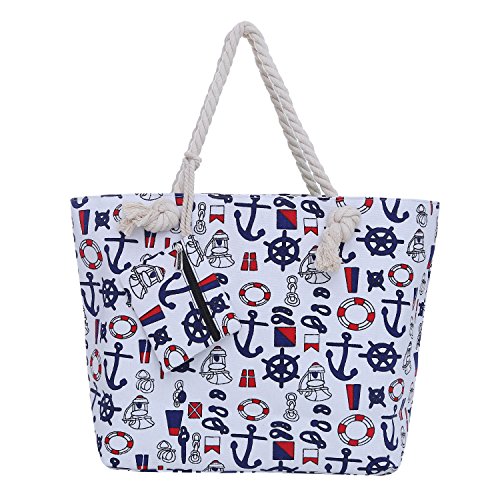 Bolsa de Playa Grande con Cremallera 58 x 38 x 18 cm diseño marítimo Barco Blanco Azul Rojo Shopper Bolsa de Hombro Estilo de yate (Yacht Style)