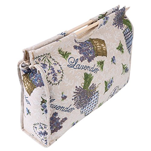 Bolsa de Tejer de Almacenamiento de Hilo, Organizador de Asas para Agujas de Ganchillo de Hilo y Lana, También para Jersey Revistas, con Cremallera, Mango de Madera, 2 Colores(Flor Purpura)