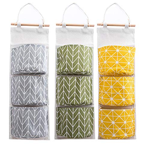 Bolsas de Almacenamiento para Colgar en la Pared  3 Piezas de Tela de Lino Colgando Organizador de Bolsillo con 3 Bolsillos para Cocina Dormitorio Baño Oficina