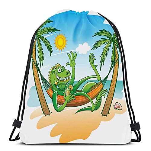 Bolsas de cordón Mochila Verde Iguana Ondeando Tomar el Sol Beber Cóctel Descansar Palmas Hamaca Mochilas de Viaje Totalizador Escuela RucksackCool