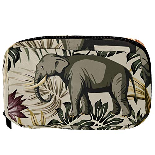Bolsas de cosméticos con elefante africano en flor de hibisco tropical deja palma práctica bolsa de viaje Oragniser bolsa de maquillaje para mujeres y niñas