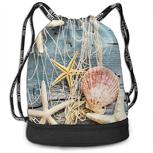 Bolsas de Gimnasia, Drawstring Backpack Beach Seashells Starfish Sand Print Travel Sport Yoga Gym Sack Bag Outdoor Bundle Backpack Laptop Bag Beach Rucksack for Men/Women