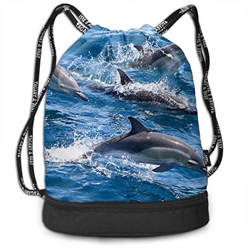 Bolsas de Gimnasia, Drawstring Backpack Dolphins in The Sea Print Travel Sport Yoga Gym Sack Bag Outdoor Bundle Backpack Laptop Bag Beach Rucksack for Men/Women and Kids