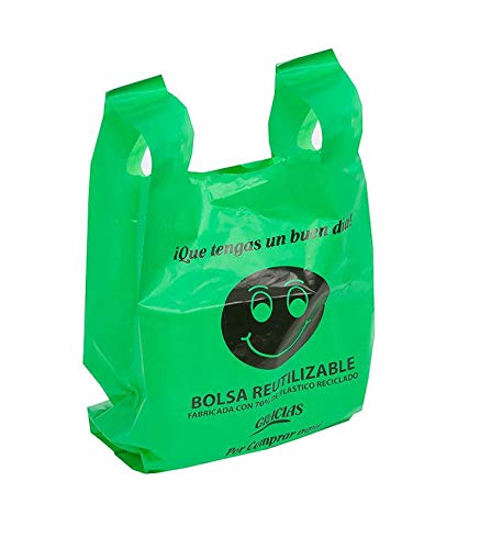 Bolsas de Plástico Tipo Camiseta Resistentes, Reutilizables y Recicladas | Galga 200 | Tamaño XXL 50x60 cm | 2 Kg - 70 uds Aprox. | 70% Recicladas | Cumple Normativa | Aptas Uso Alimentario | Verdes