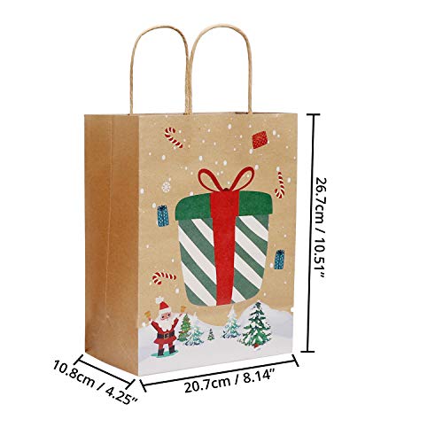 Bolsas Regalo Navidad (Pack de 12) 21x27x11 cm Bolsas Navidad Papel Kraft Marrón con Hojas Rascar de Arcoíris y Puntero para Mensajes Personalizados - Bolsas para Regalos, Presentes, Fiestas, Galletas