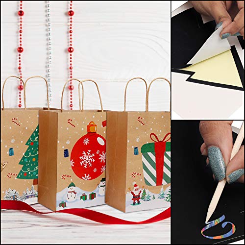 Bolsas Regalo Navidad (Pack de 12) 21x27x11 cm Bolsas Navidad Papel Kraft Marrón con Hojas Rascar de Arcoíris y Puntero para Mensajes Personalizados - Bolsas para Regalos, Presentes, Fiestas, Galletas