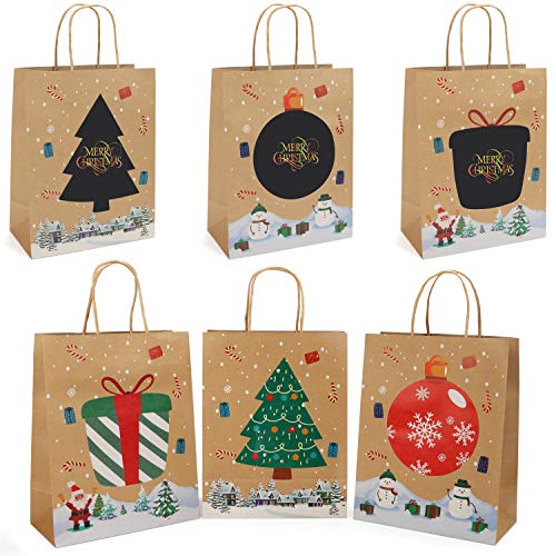 Bolsas Regalo Navidad (Pack de 12) 21x27x11 cm Bolsas Navidad Papel Kraft Marrón con Hojas Rascar de Arcoíris y Puntero para Mensajes Personalizados - Bolsas para Regalos, Presentes, Fiestas, Galletas